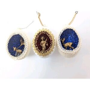 Lot of 3 VTG Handmade Egg Diorama Ornaments Sparkle angle Deer Mcm Kitsch